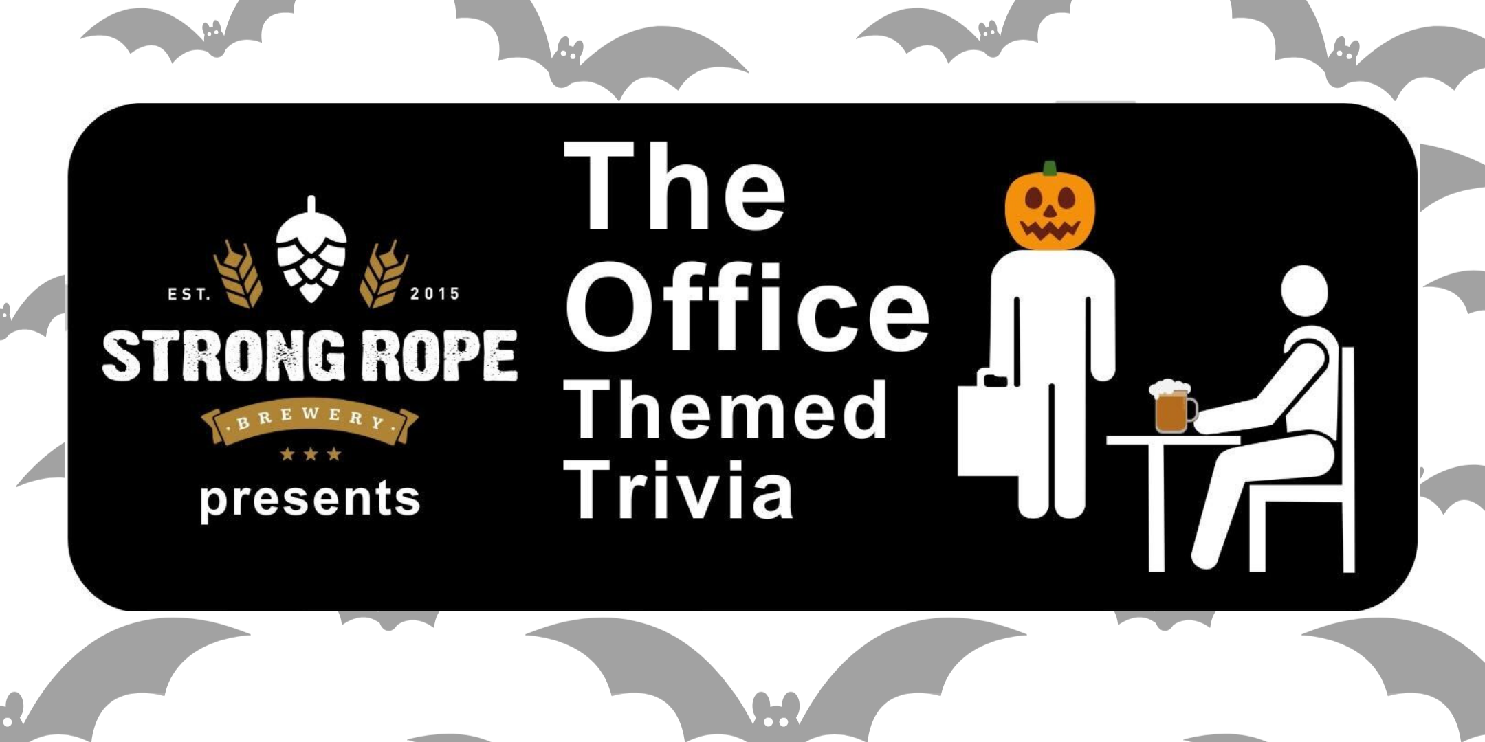 Strong Rope Brewery presents The Office Themed Trivia with 3 Hole Punched Paper covered in bat graphics and icons of office workers wearing jack-o'-lantern heads with a beer on a desk
