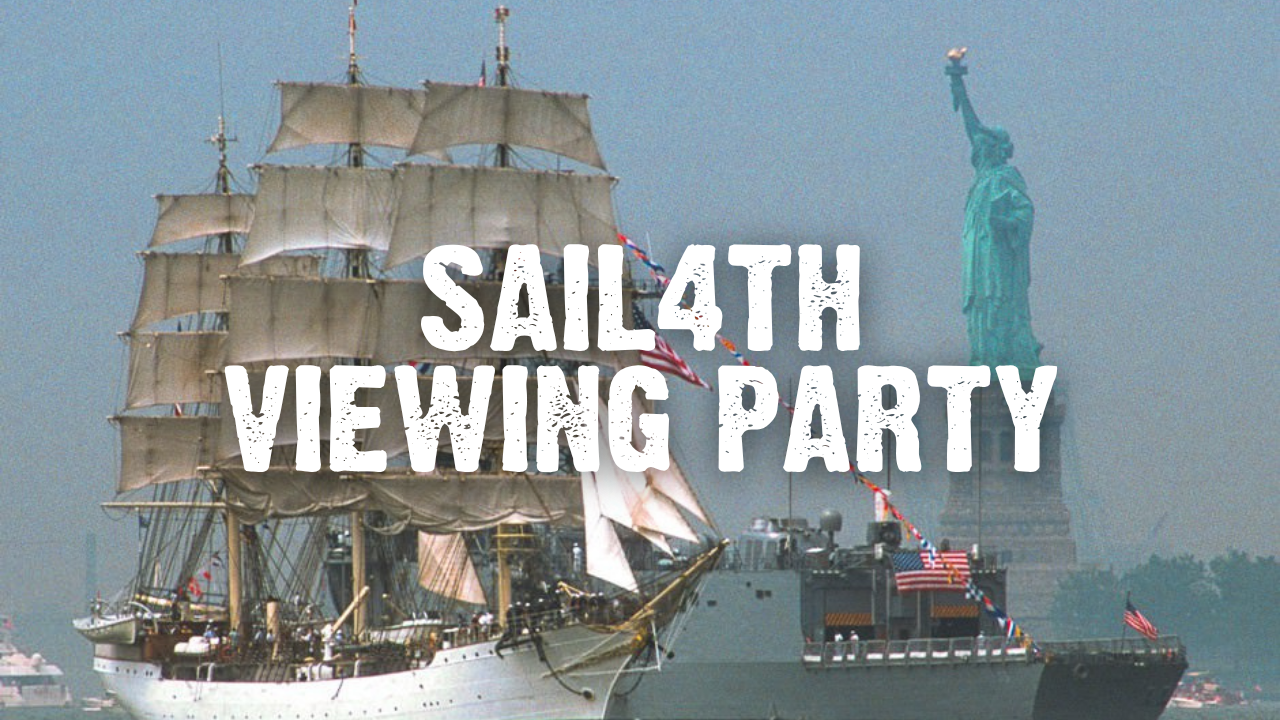 Sail4th Viewing Party with a tall ship passing the Statue of Liberty