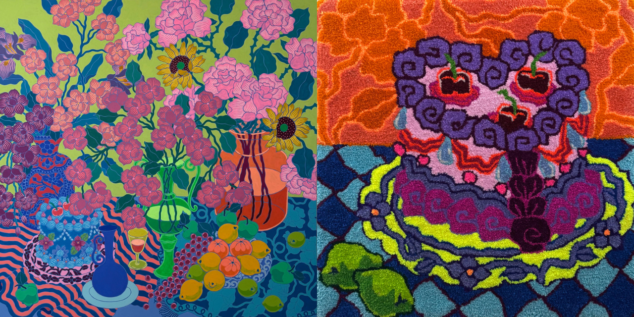 two pieces of artwork —Still Life with Orange Jug, Cake and Fruit Platter acrylic on canvas and  Big Soft Cake with Two Limes on tufted yarn