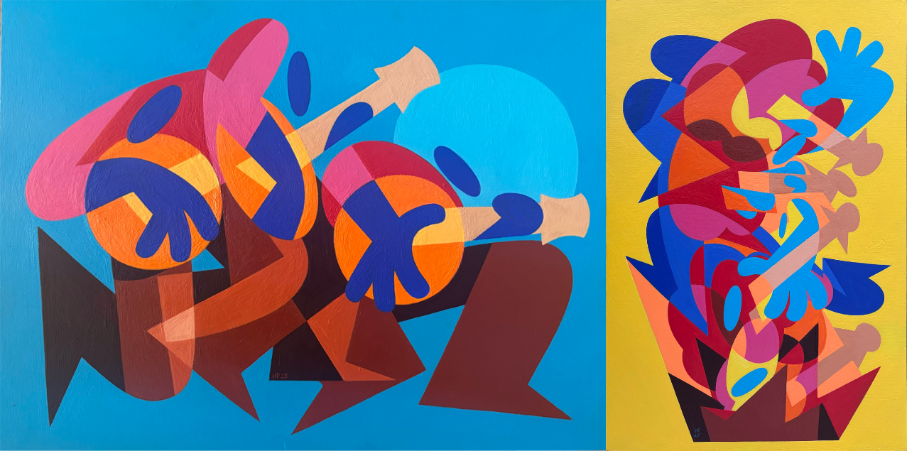 2 brightly colored, abstract painting depicting musical instruments