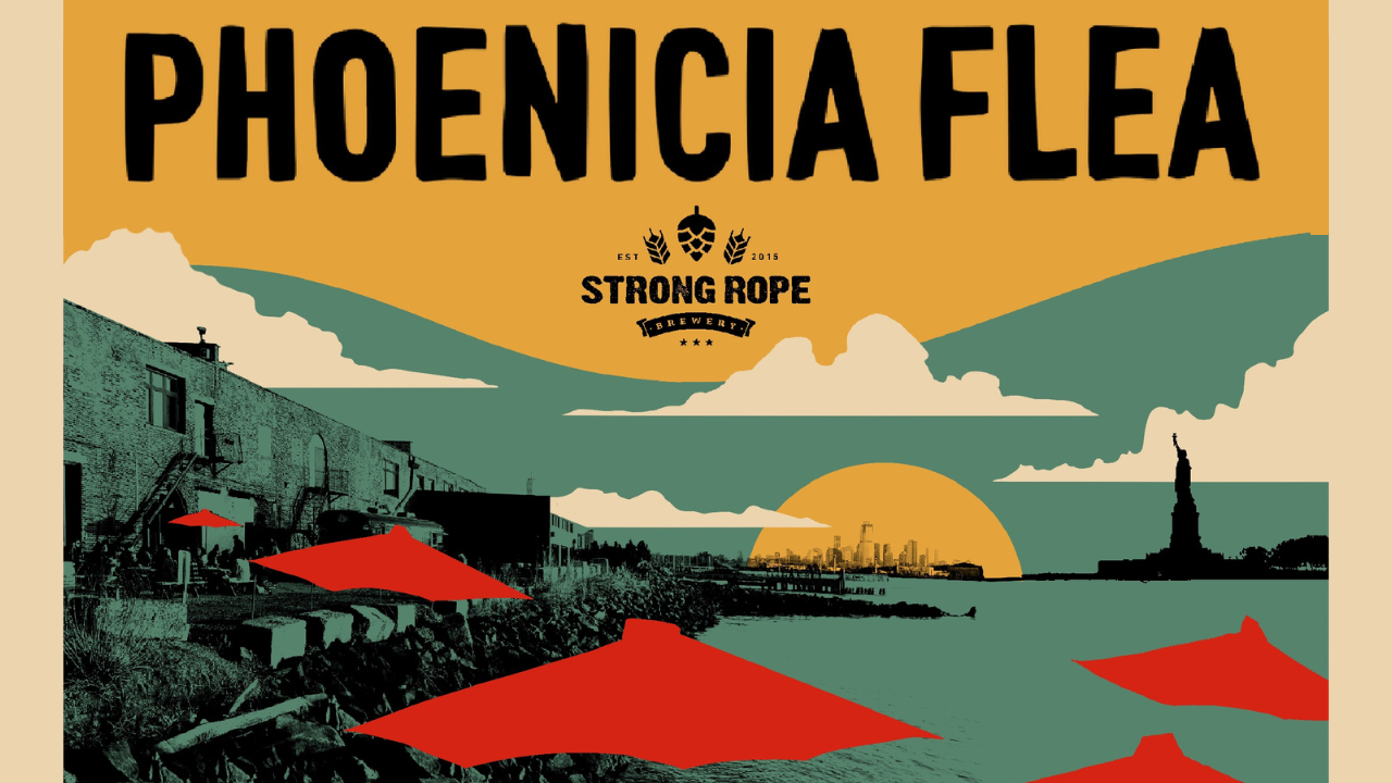Phoenicia Flea Strong Rope Brewery with a graphic of the sunset over the harbor with added red tents