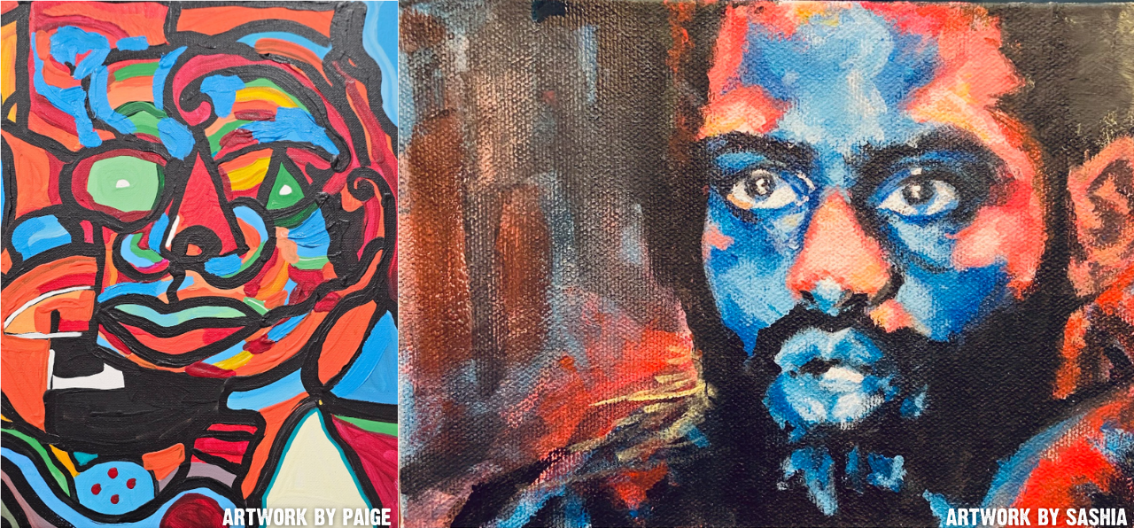 Colorful abstract painting by Paige; painting of a black man's face by Sashia