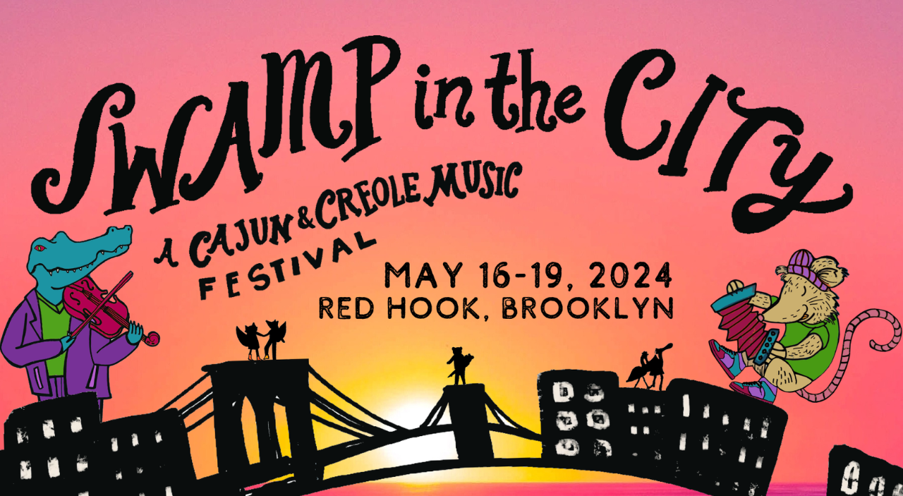 Swamp in the City A Cajun & Creole Music Festival May 16-19, 2024 Red Hook, Brooklyn Drawing of a alligator playing a fiddle and an opposum playing an accordion with bridge skyline