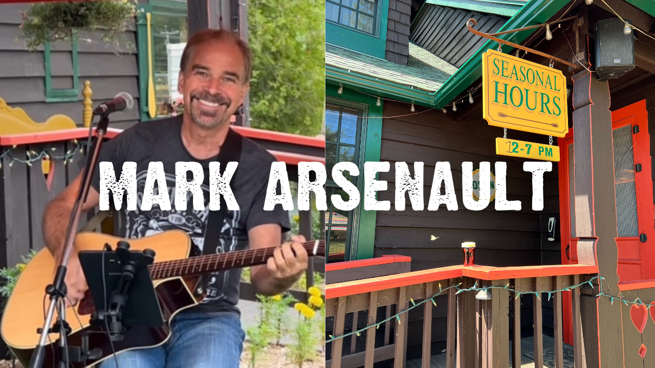 Mark Arsenault collage of a man smiles behind a mic stand while holding a guitar outside of a rustic taproom and the taproom Seasonal Hours sign and red door