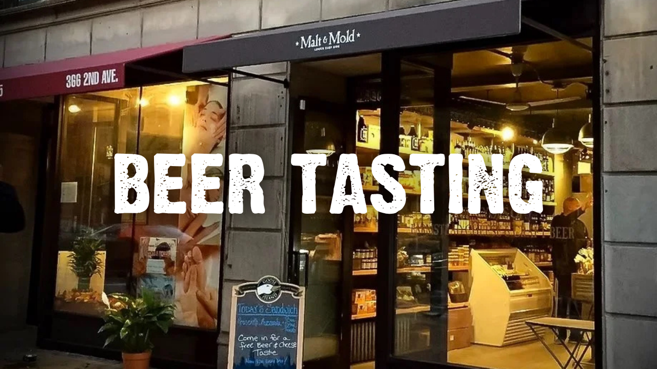 Beer Tasting with the storefront of Malt & Mold