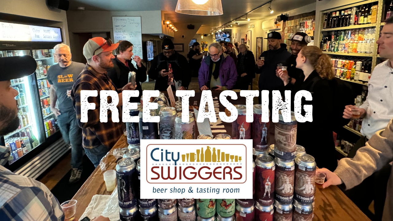 Free Tasting City Swiggers Beer Shop & Tasting Room with a person behind a table full of beer cans presenting to people with small tasting cups