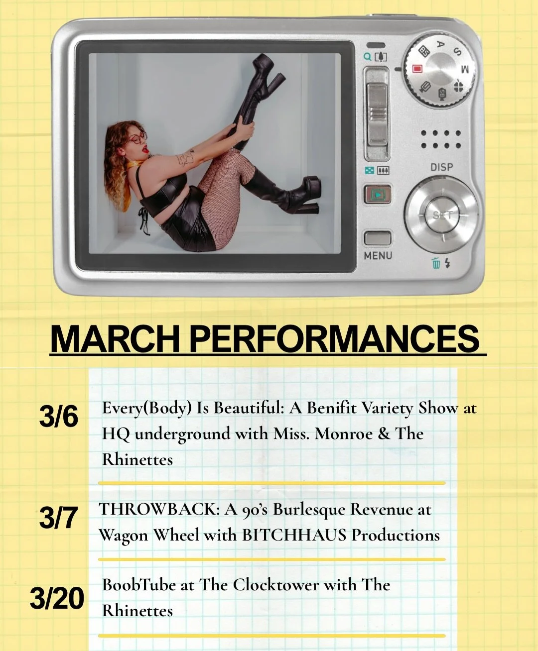 big things are happening✨ come see me preform this month! i&rsquo;m so excited for each of these shows and would love to see yall there! links in my bio 🥰

March 6 - Every(Body) Is Beautiful: A Benefit Variety Show hosted by Miss Monroe &amp; The Rh