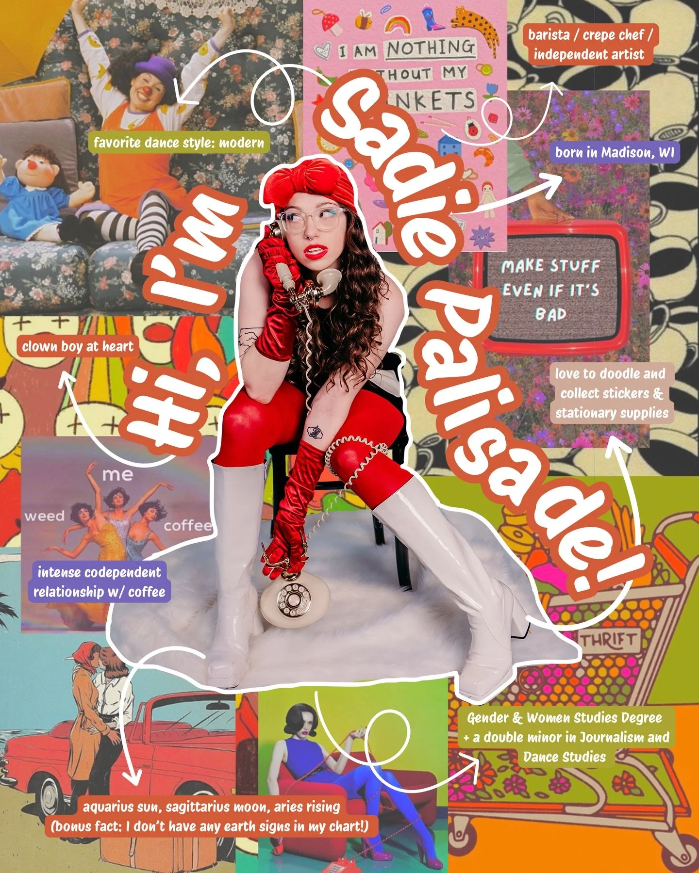 🍑 allow my to reintroduce myself 🍑 

If you just found me, hi! I&rsquo;m Sadie Palisade! 

About Me: Sadie Palisade is a queer and non binary performer, long time dancer, and multimedia artist. They found a passion in modern and jazz dance and deci