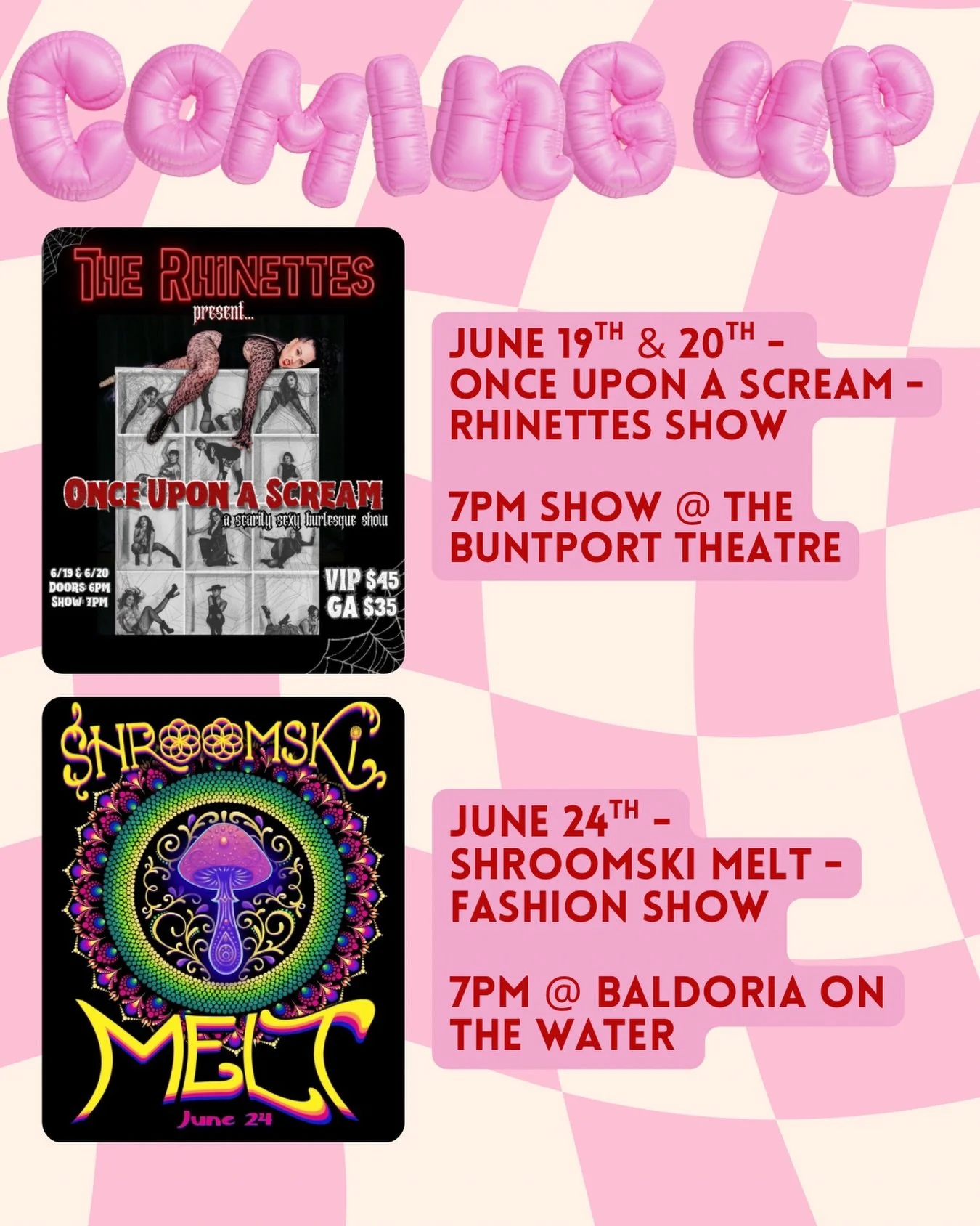 quick post so yall don&rsquo;t miss out on these events this month! 🍄🤡❤️

coming up first, we&rsquo;ve got @therhinettes newest show, Once Upon a Scream at @buntporttheater717 on June 19th and 20th! I&rsquo;m gonna babe debuting a new solo and a FI