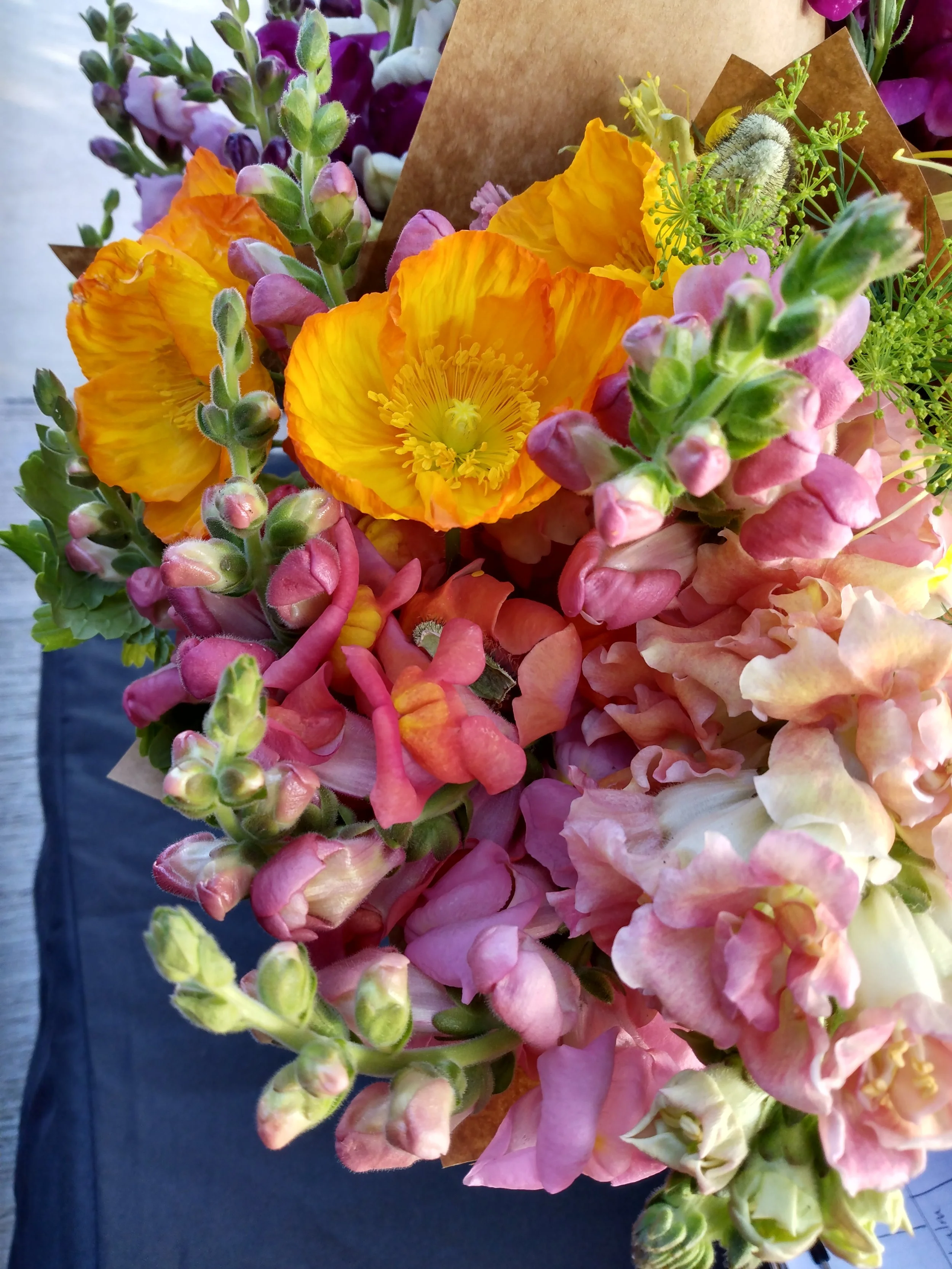 Snapdragon, poppy, and dill bouquet