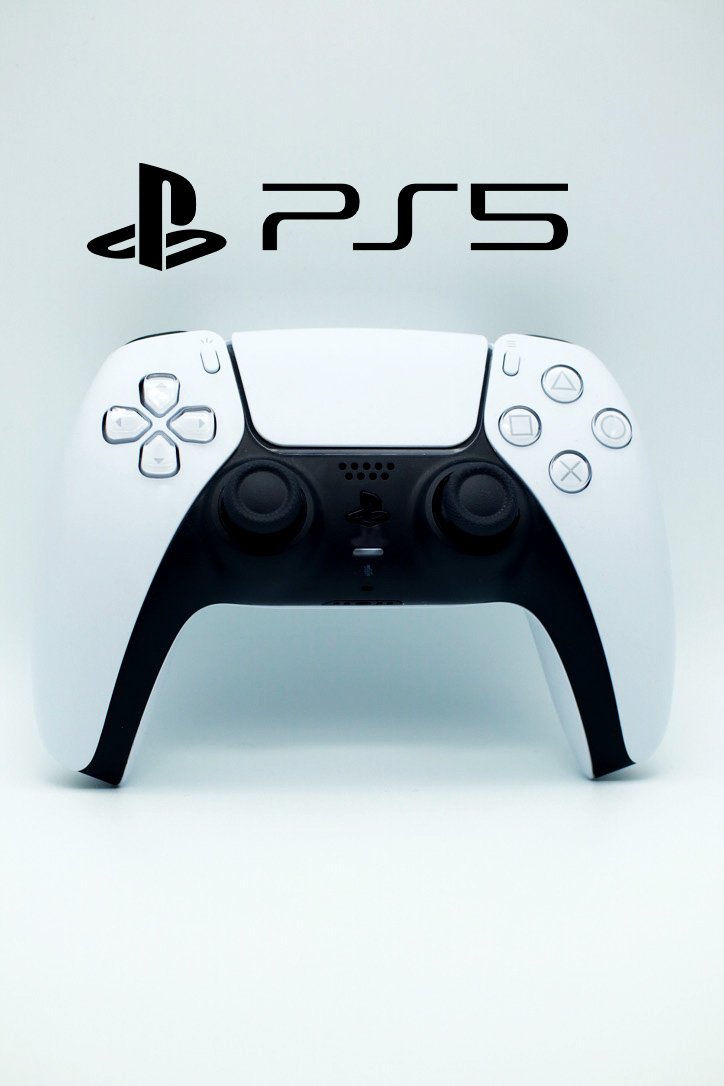 PS5 logo with a DualSense wireless controller against a white background.