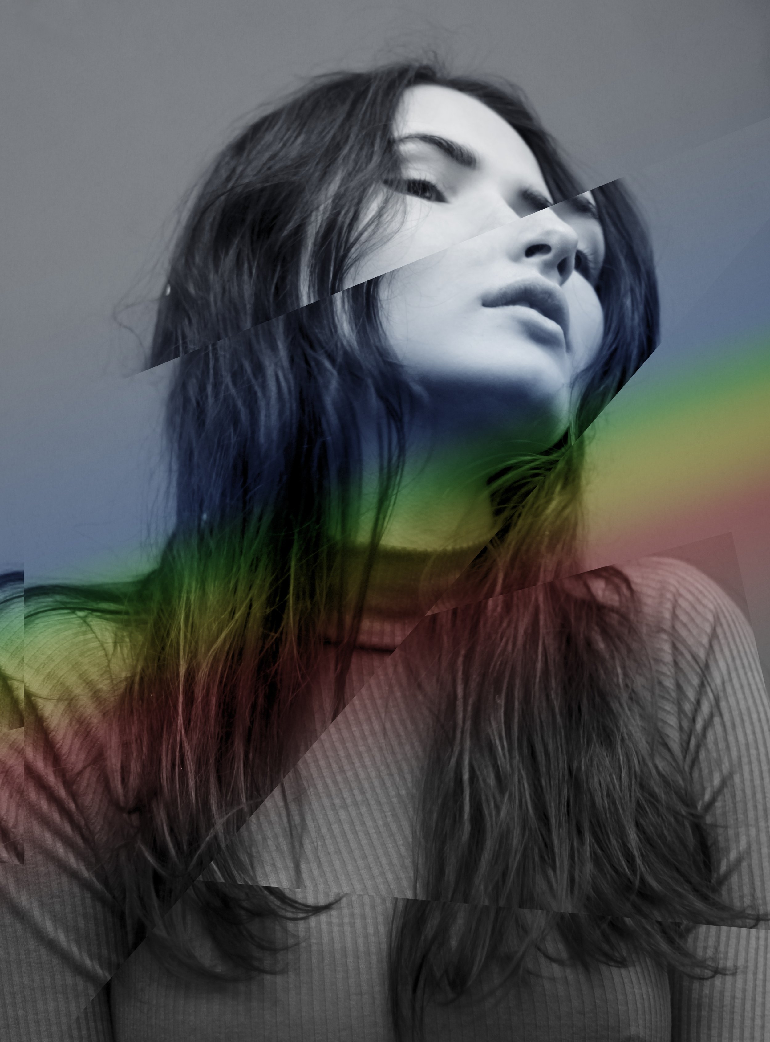 Abstract portrait of a woman with overlay effects and a rainbow color gradient.