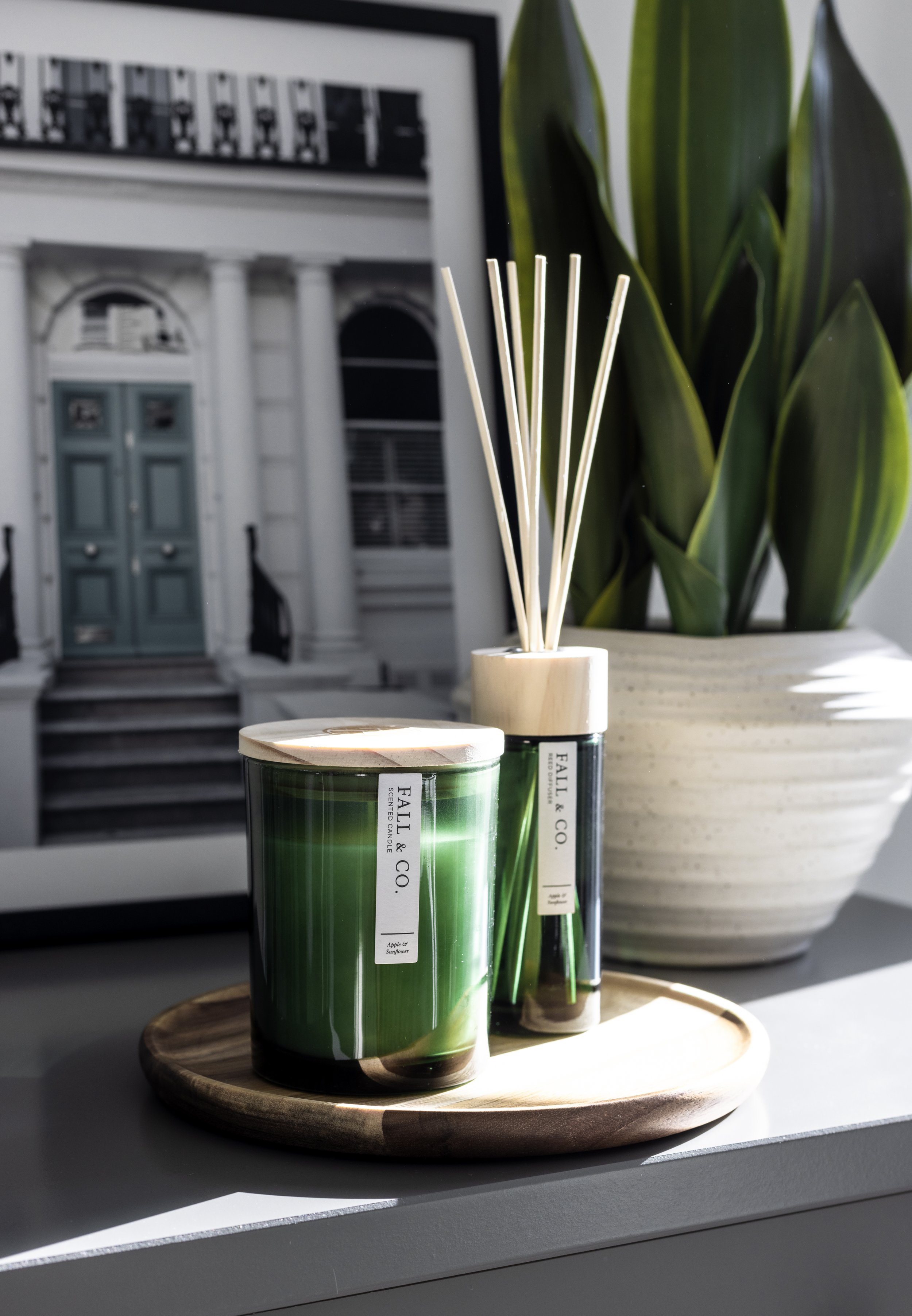 Green candle and reed diffuser on a wooden tray with a plant and framed photo in the background.