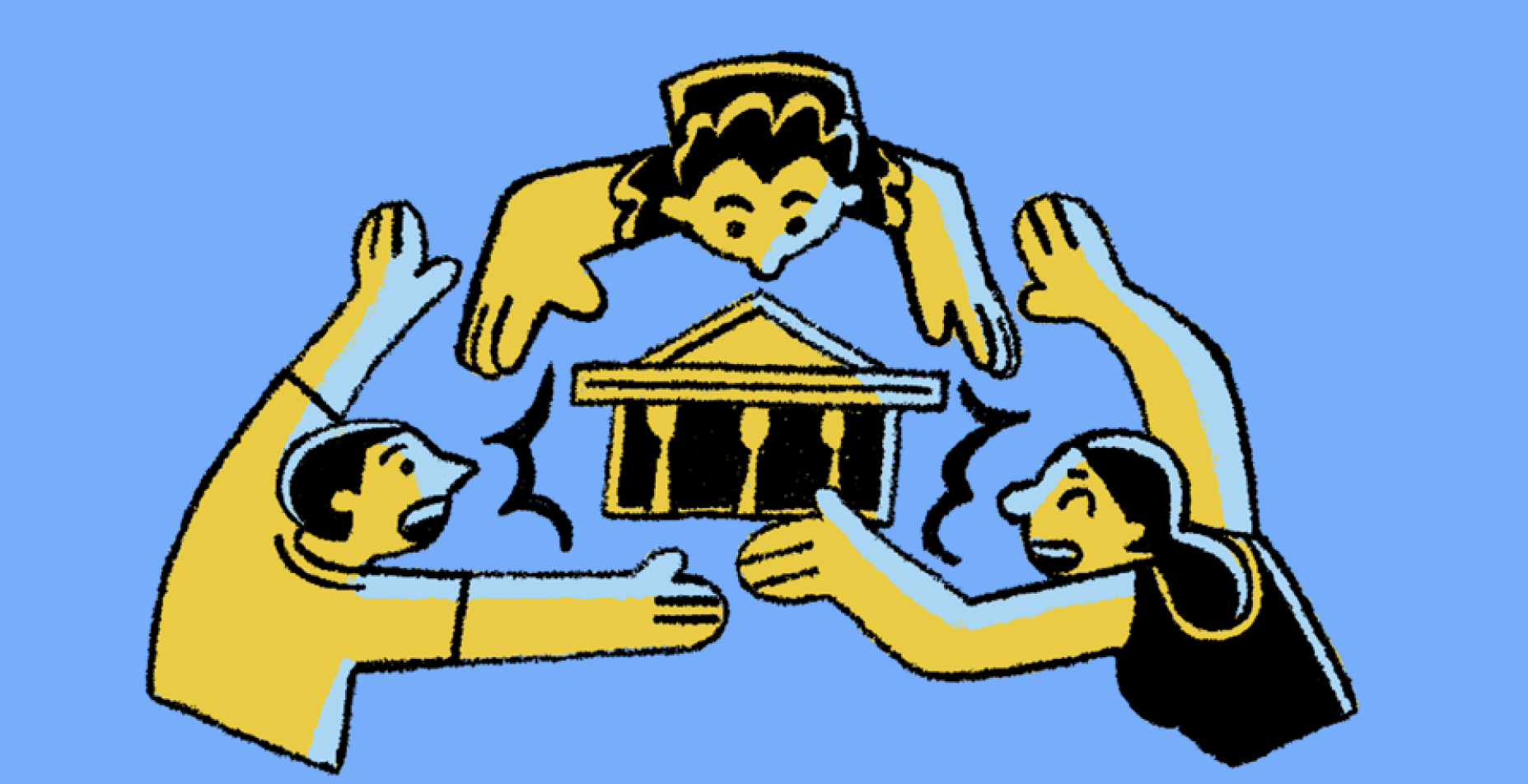 Cartoon drawing of three people with arms outstretched encircling a classic Carnegie library building.