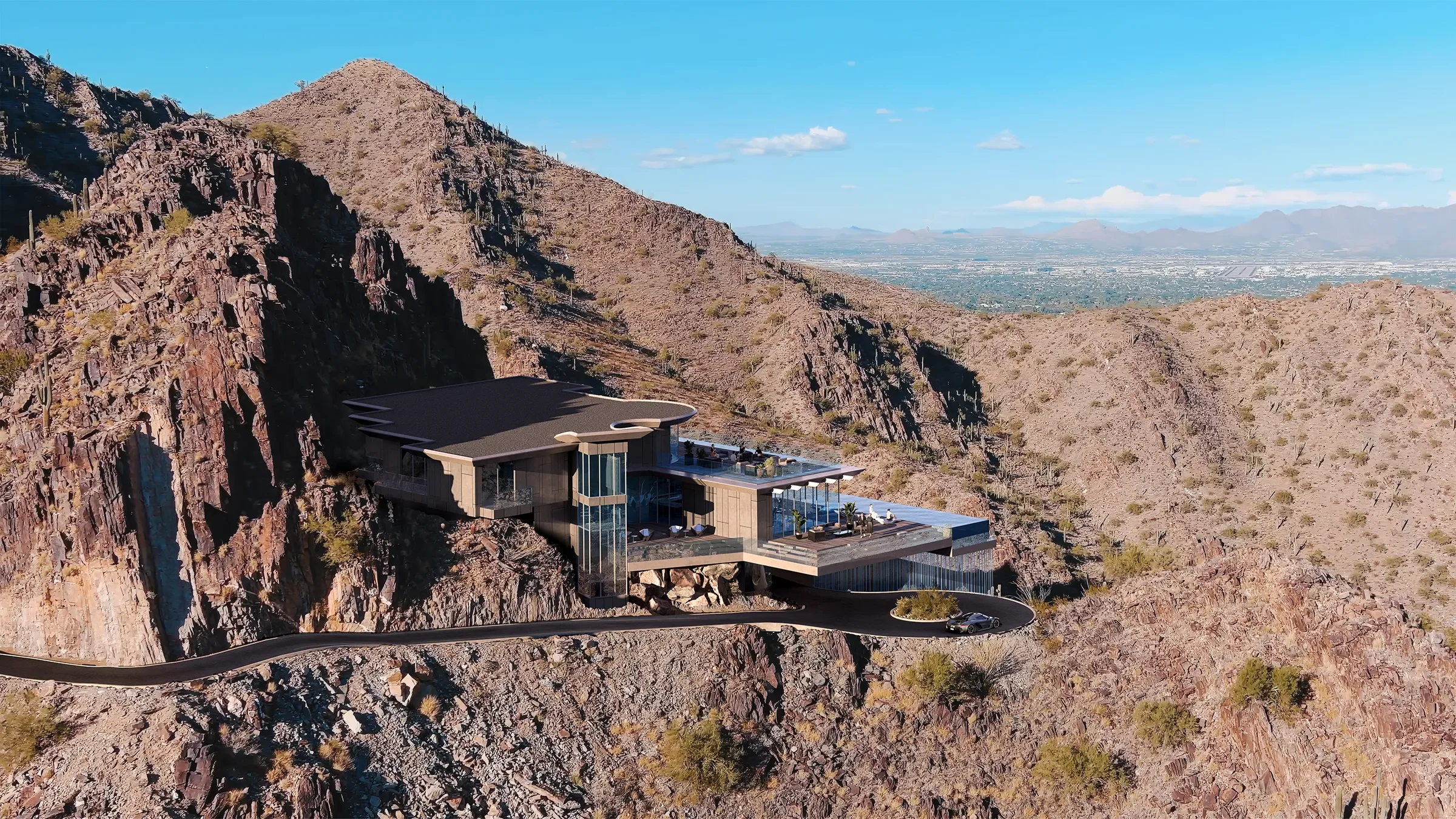 aerial exterior rendering showing the elevated placement of the whispering heights estate at saddleridge in paradise valley, arizona