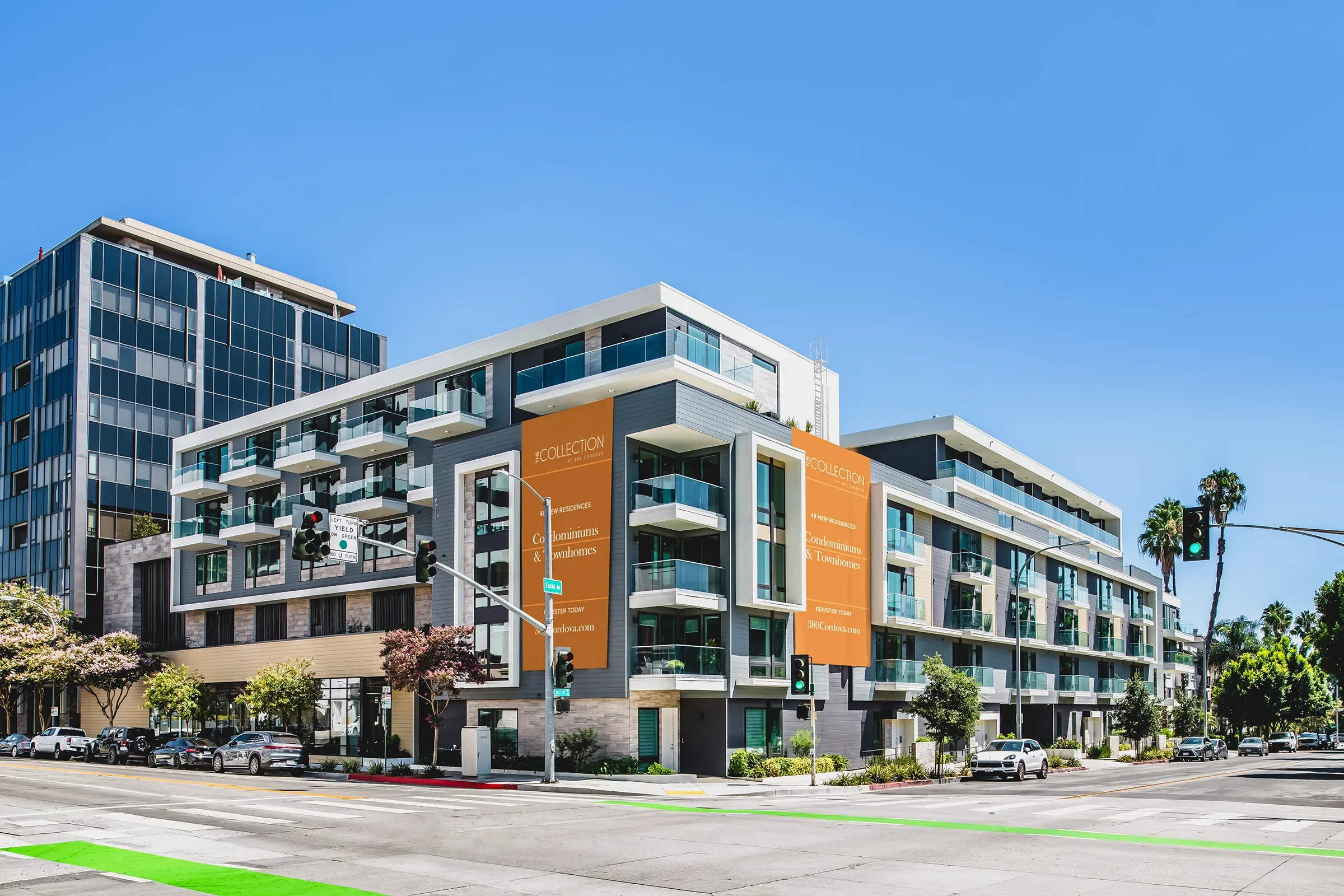 exterior architectural photography of the collection at 380 cordova, a new condominium and townhome community in pasadena, california