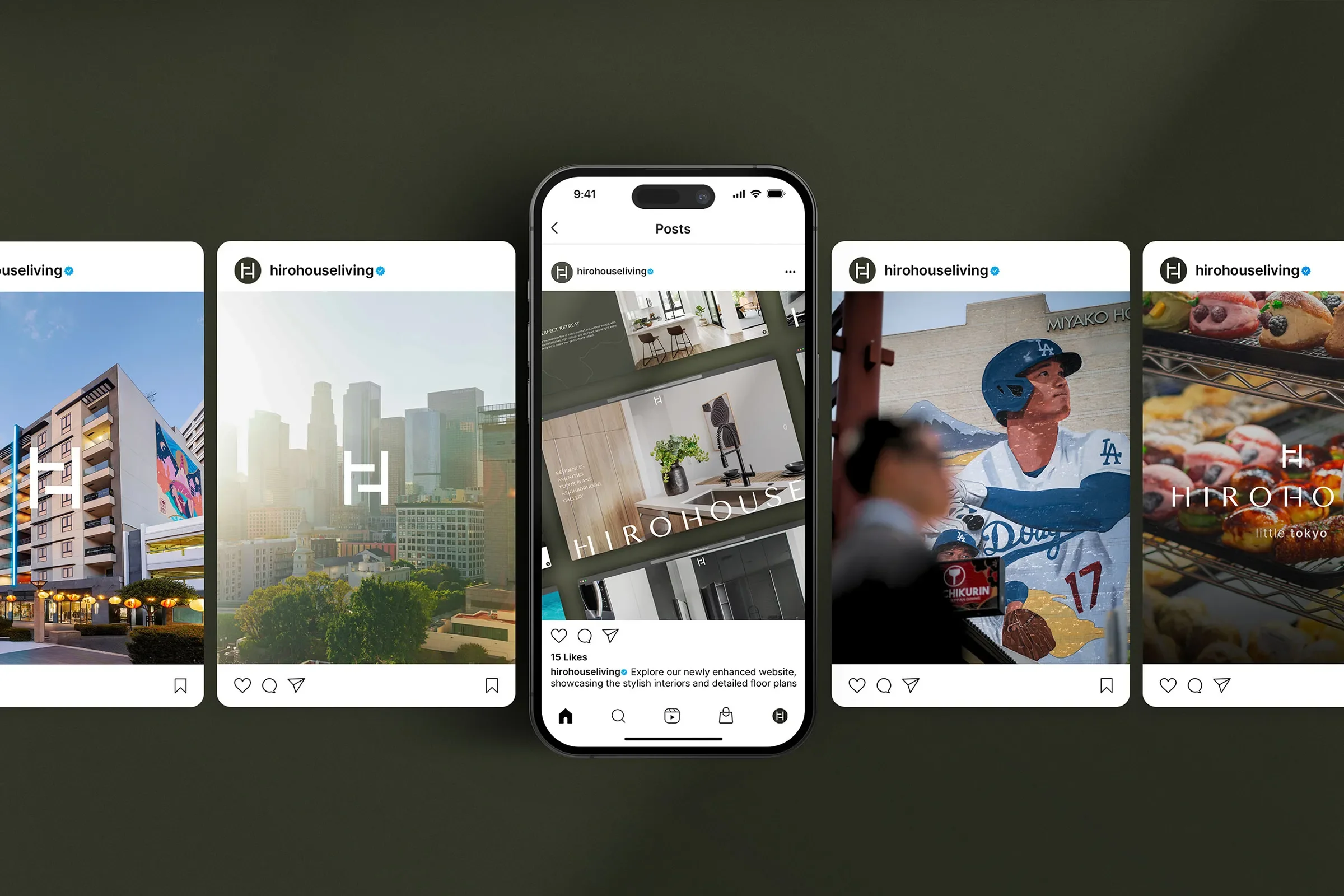 mobile instagram mockup showing social media management for hiro house condominium residences in little tokyo los angeles