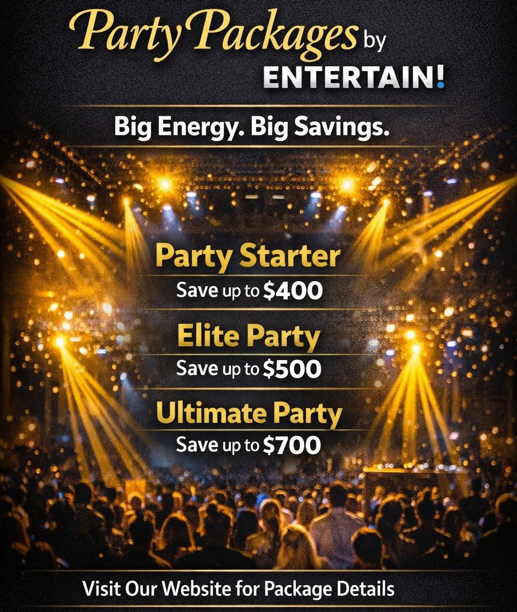 Planning a party? Let&rsquo;s make it unforgettable &mdash; and save while you&rsquo;re at it 🎉

When you book with Entertain!you can choose from three party packages designed to fit your style, your space, and your budget.

Each package is built to