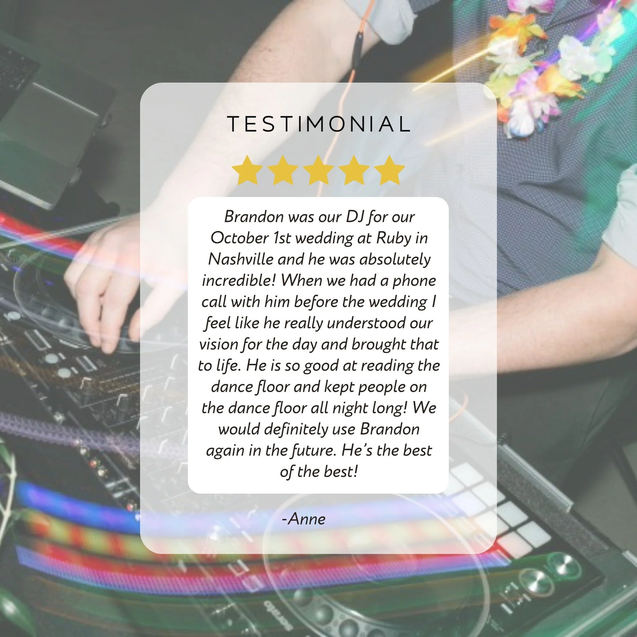 ⭐️⭐️⭐️⭐️⭐️
So grateful for kind words like this 🤍

We loved being part of this Nashville wedding and helping bring their vision to life &mdash; and keeping the dance floor full all night!

Planning your big day? We&rsquo;d love to be part of it. 
ht