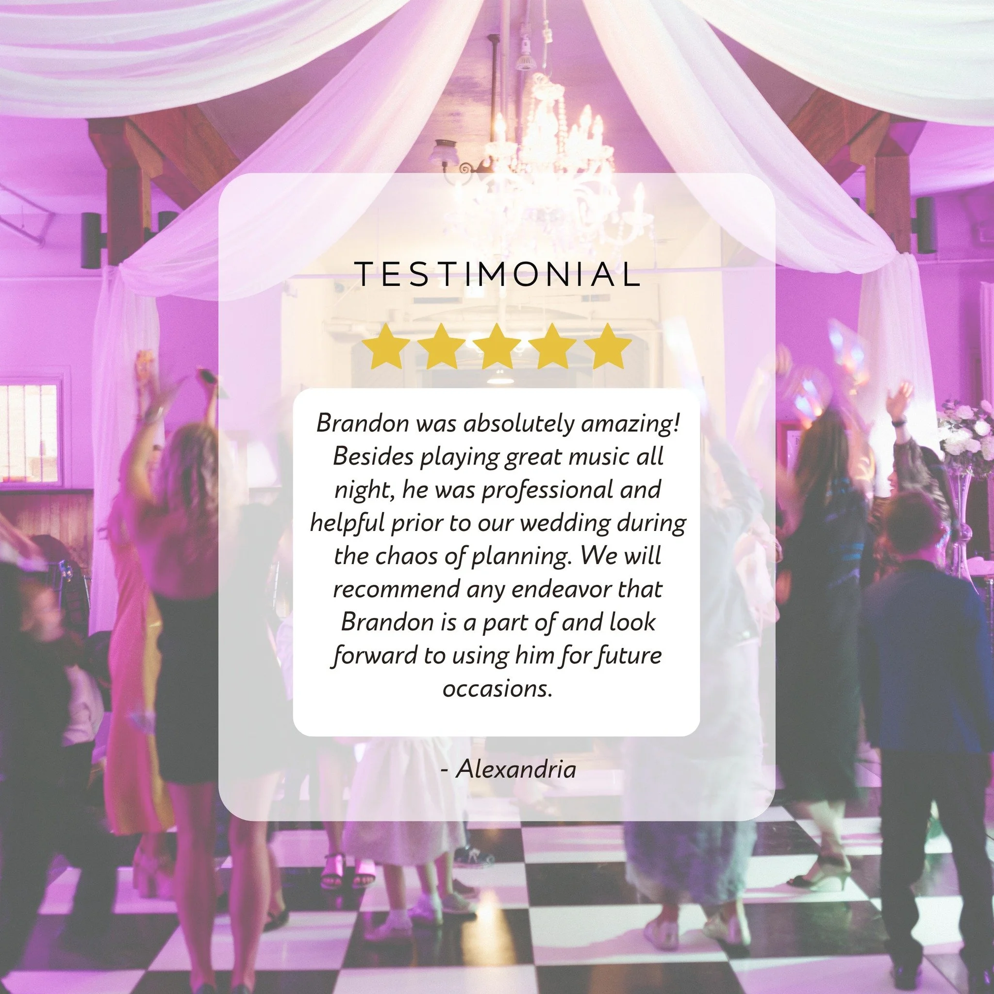 A great wedding DJ does so much more than play great music. 🎶💍

From helping things come together during the planning process to keeping the celebration going all night long, Brandon loves being there for our couples every step of the way.

Reviews