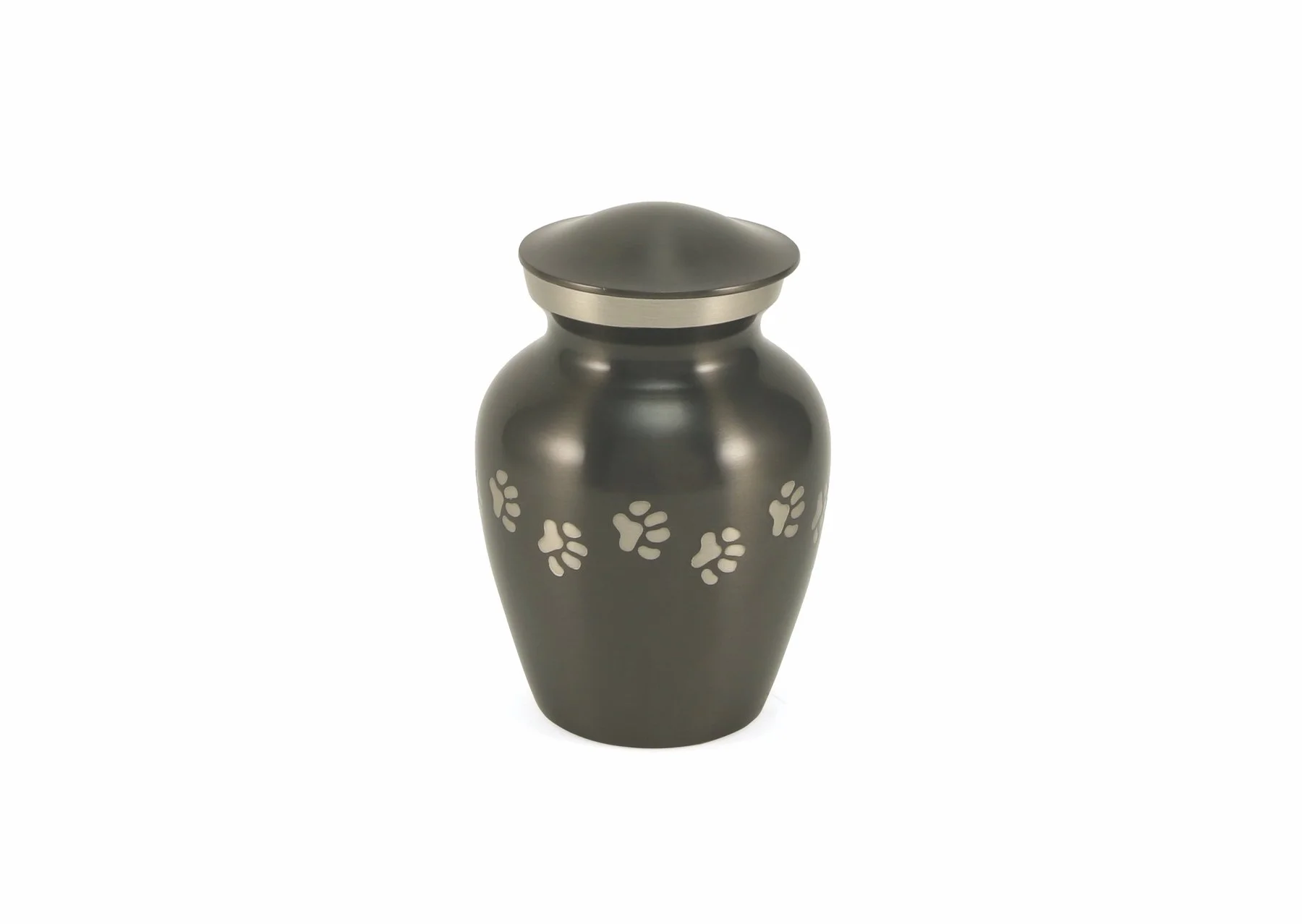 Slate-finished brass pet urn with delicate paw print accents, available in five sizes with optional engraving.
