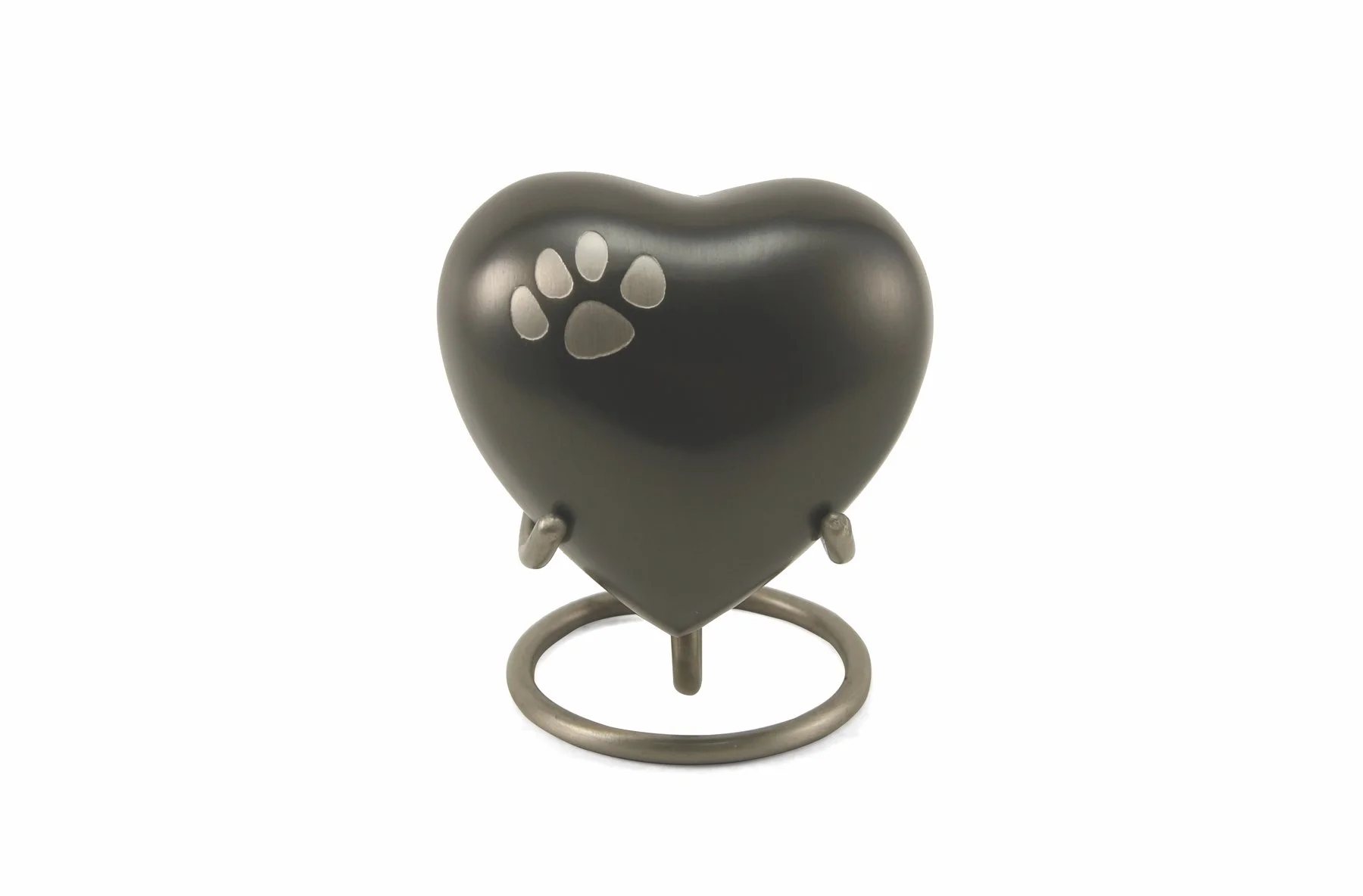 Slate-finished brass heart shape pet urn with delicate paw print accents, with optional engraving.