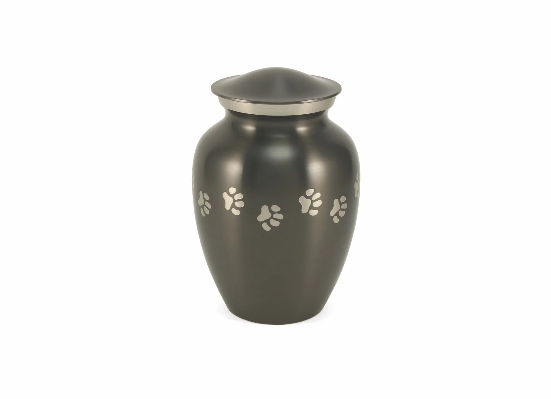 Slate-finished brass pet urn with delicate paw print accents, available in five sizes with optional engraving.