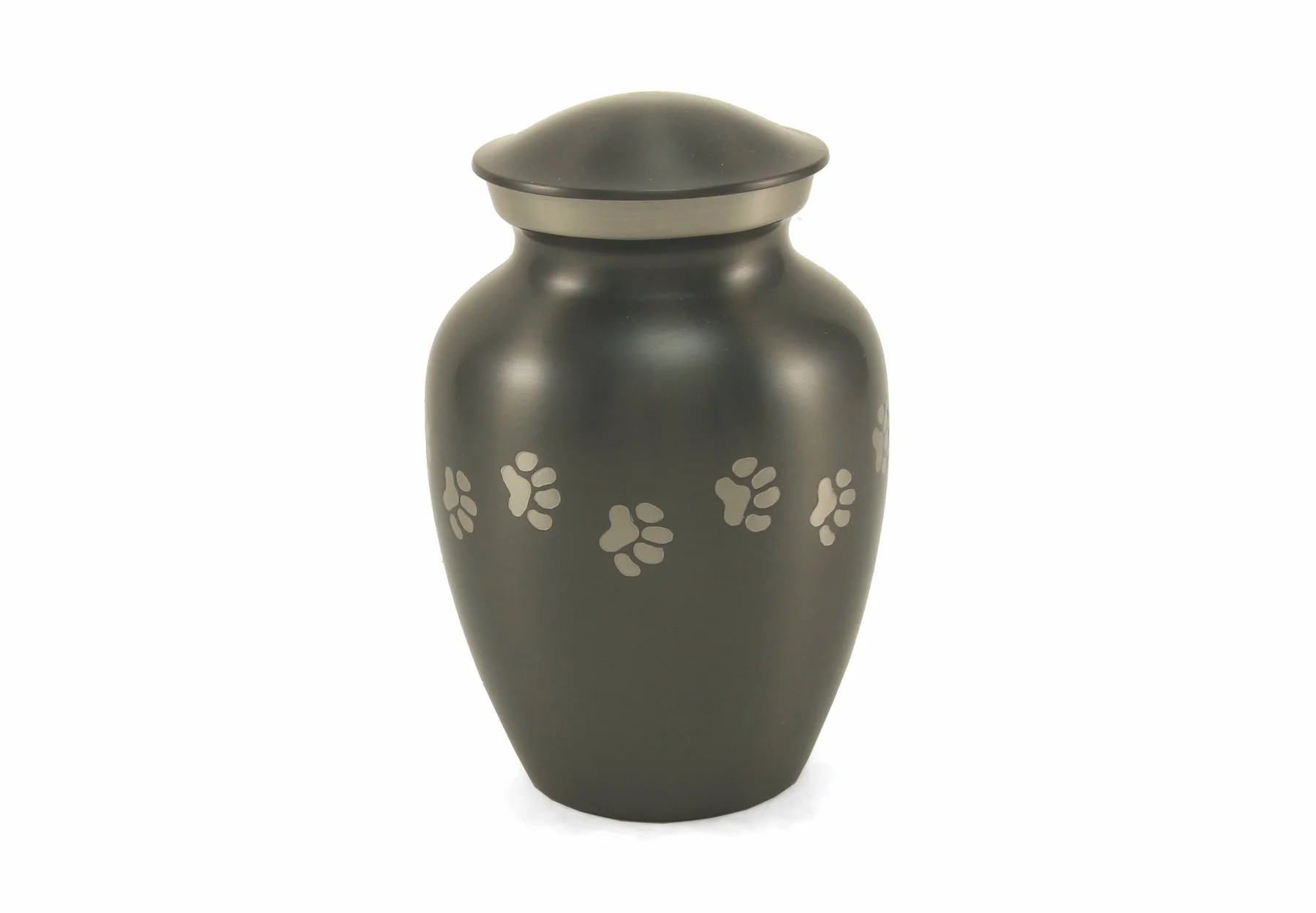Slate-finished brass pet urn with delicate paw print accents, available in five sizes with optional engraving.