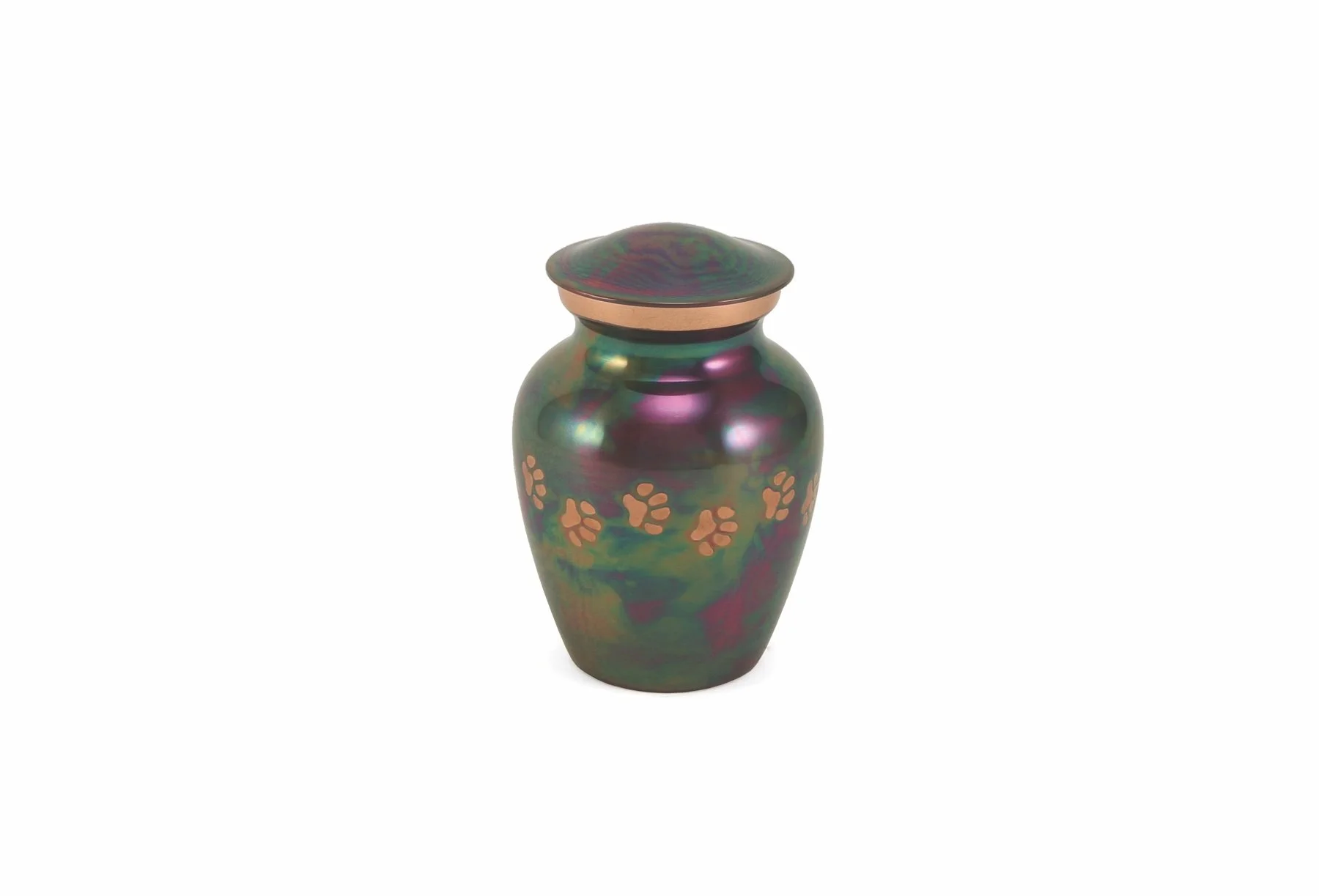 Raku-finished brass pet urn with pewter paw prints, handcrafted and available in five sizes with optional engraving.