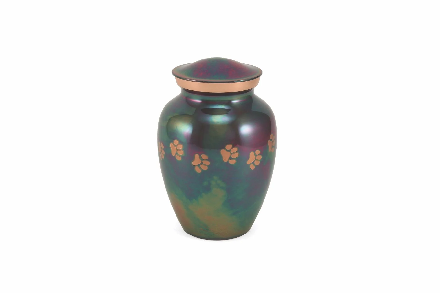 Raku-finished brass pet urn with pewter paw prints, handcrafted and available in five sizes with optional engraving.