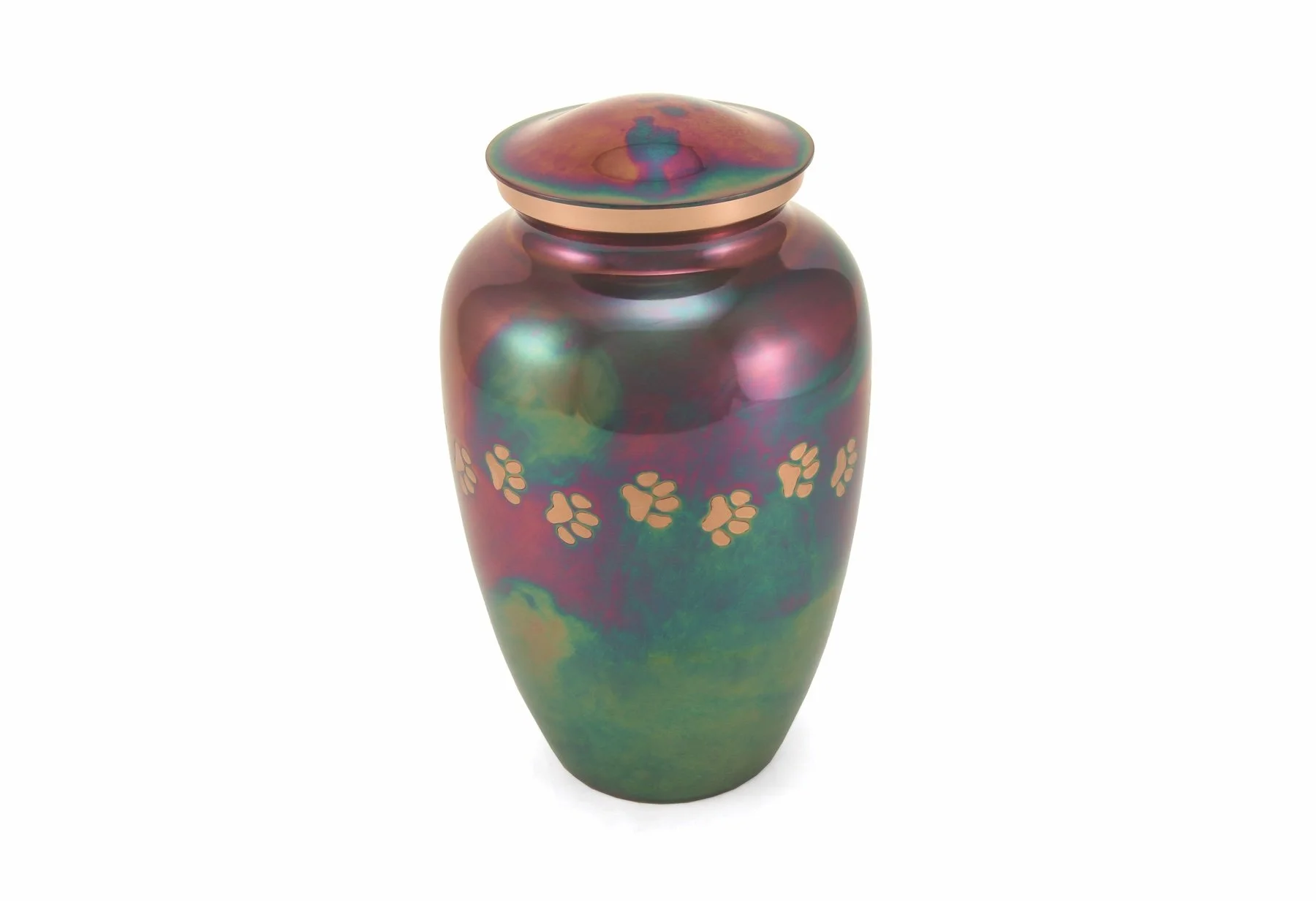 Raku-finished brass pet urn with pewter paw prints, handcrafted and available in five sizes with optional engraving.