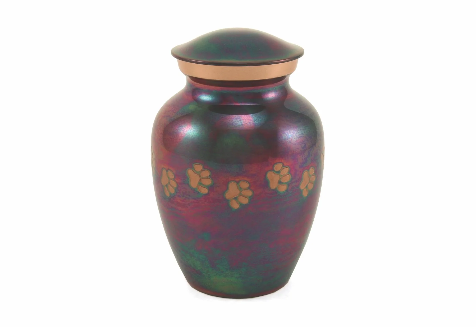 Raku-finished brass pet urn with pewter paw prints, handcrafted and available in five sizes with optional engraving.