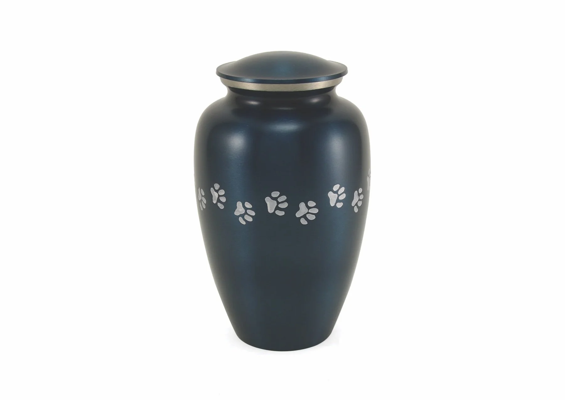 Blue brass pet urn with pewter paw prints, available in five sizes with optional engraving.