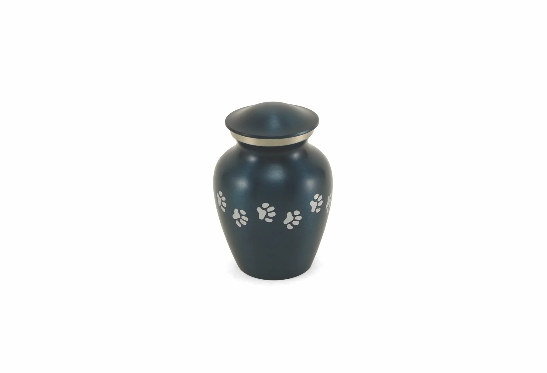 Blue brass pet urn with pewter paw prints, available in five sizes with optional engraving.
