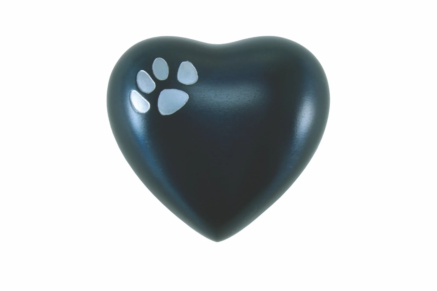 Blue brass heart shape pet urn with pewter paw prints, with optional engraving.