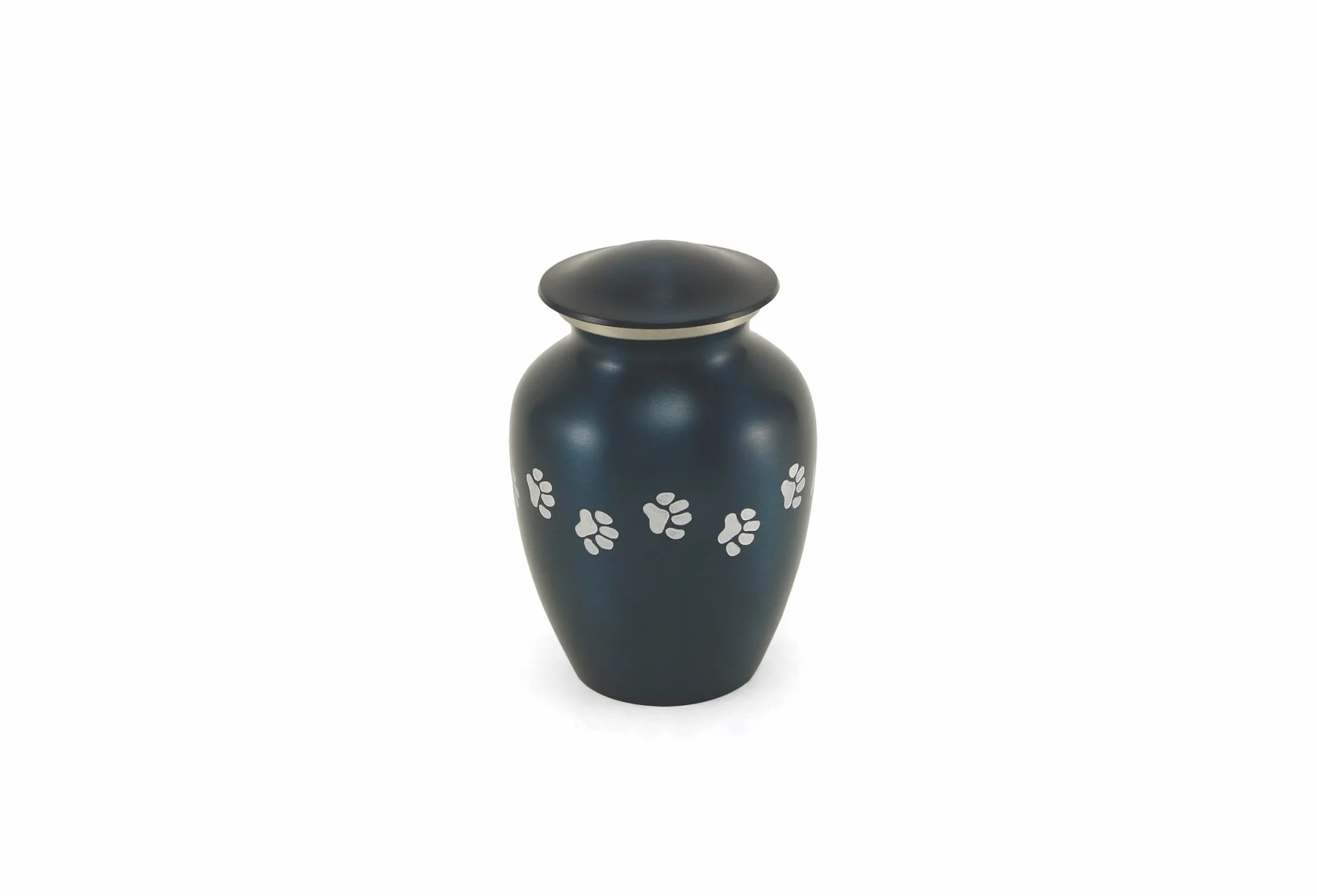 Blue brass pet urn with pewter paw prints, available in five sizes with optional engraving.