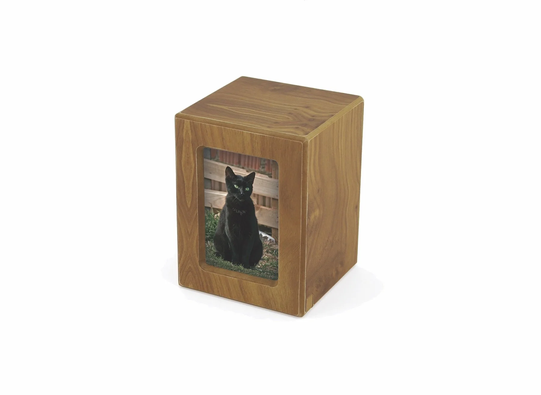 Natural woodgrain photo urn with photo slot, customizable with engraving, from Faithful Companions.