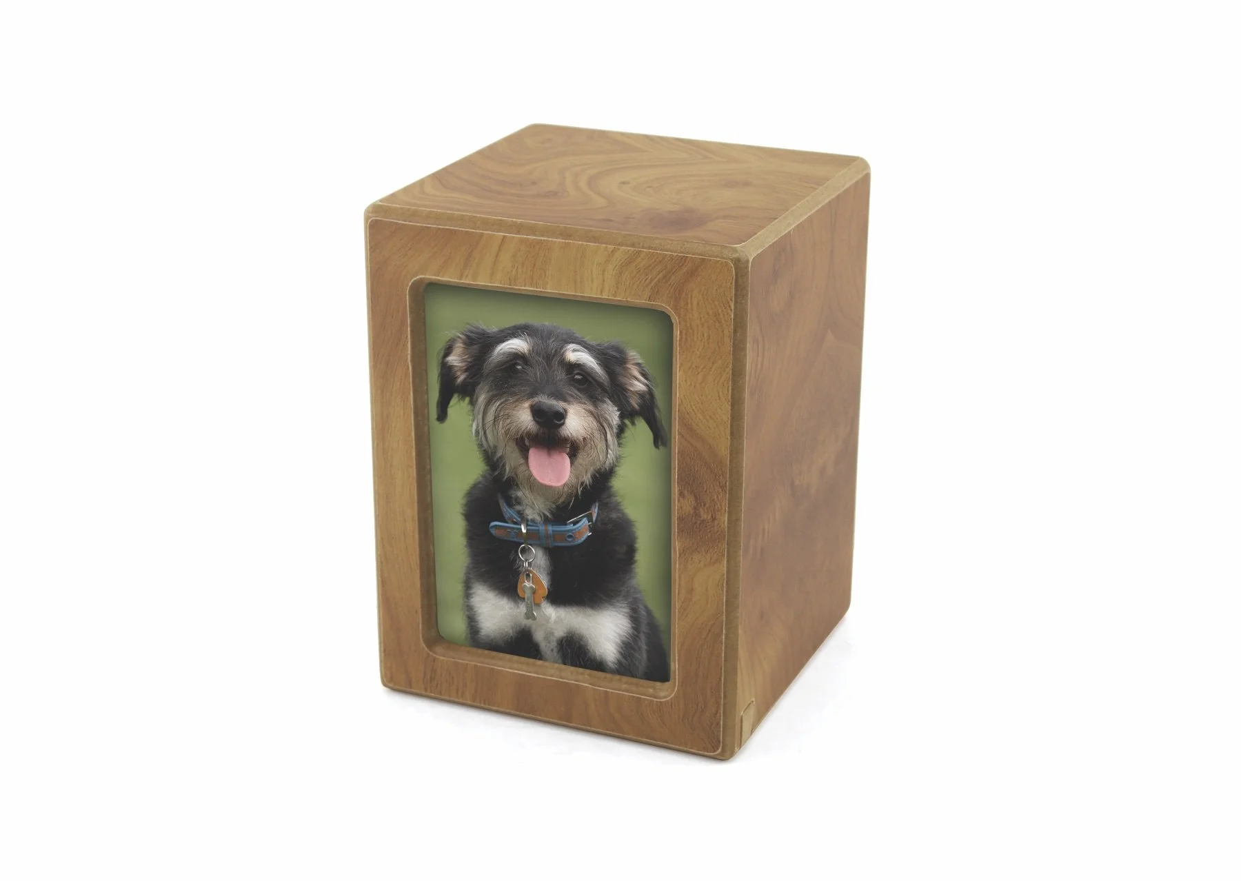 Natural woodgrain photo urn with photo slot, customizable with engraving, from Faithful Companions.