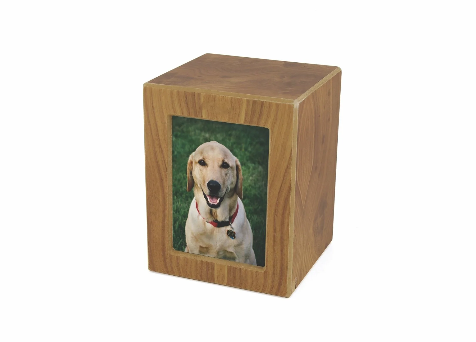 Natural woodgrain photo urn with photo slot, customizable with engraving, from Faithful Companions.