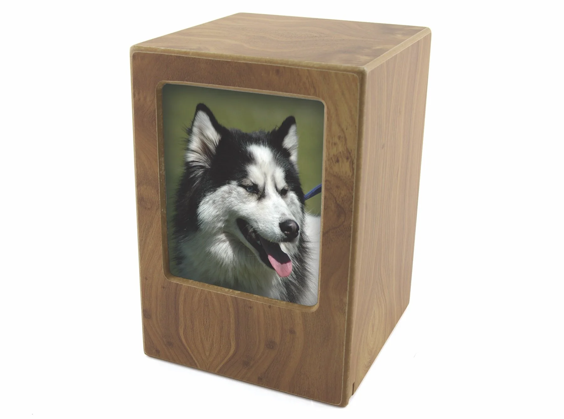 Natural woodgrain photo urn with photo slot, customizable with engraving, from Faithful Companions.
