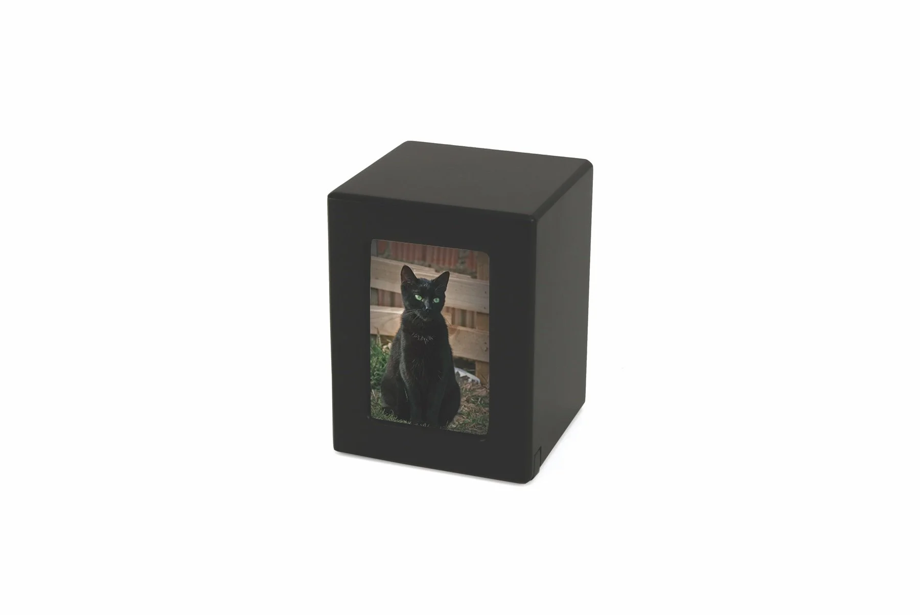 Black photo urn with a photo slot for pets, customizable with engraving, from Faithful Companions.