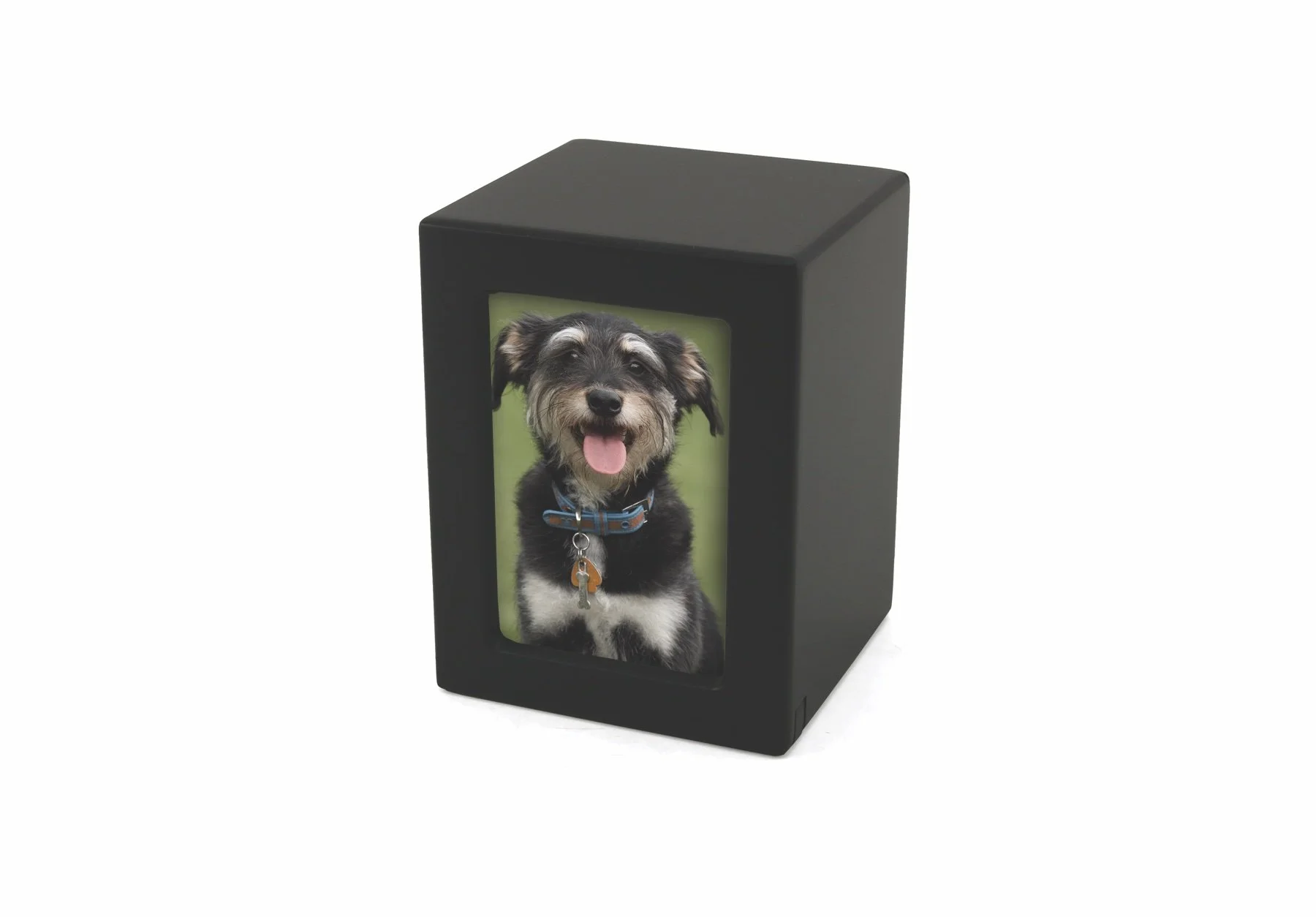 Black photo urn with a photo slot for pets, customizable with engraving, from Faithful Companions.