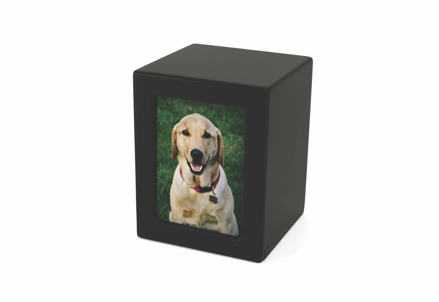 Black photo urn with a photo slot for pets, customizable with engraving, from Faithful Companions.