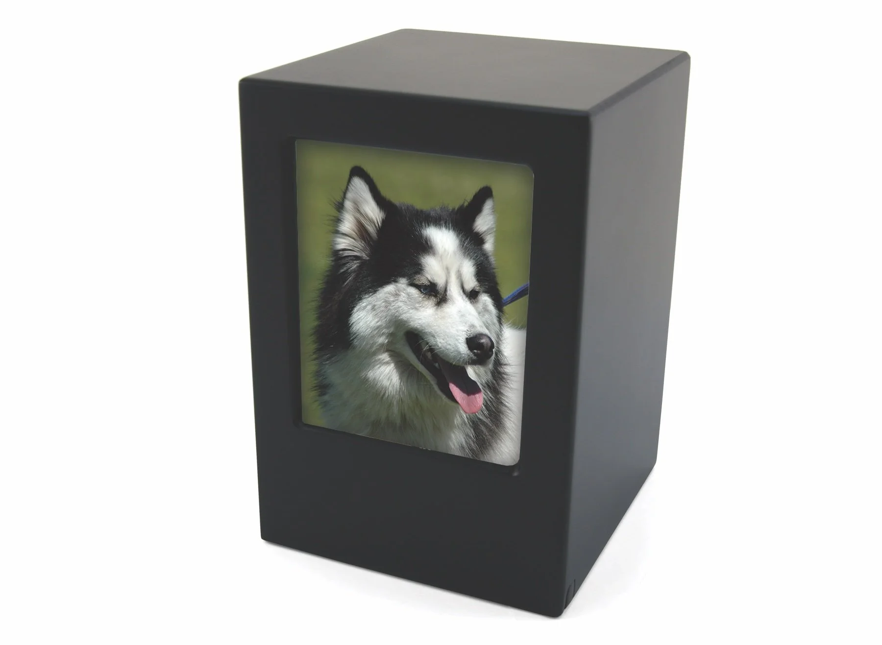 Black photo urn with a photo slot for pets, customizable with engraving, from Faithful Companions.
