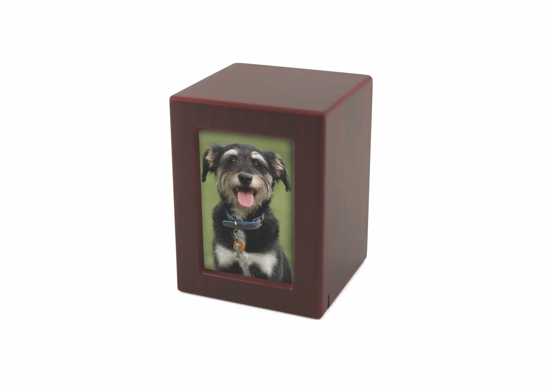 Cherry photo urn for pets with a display slot for a photo, available from Faithful Companions.