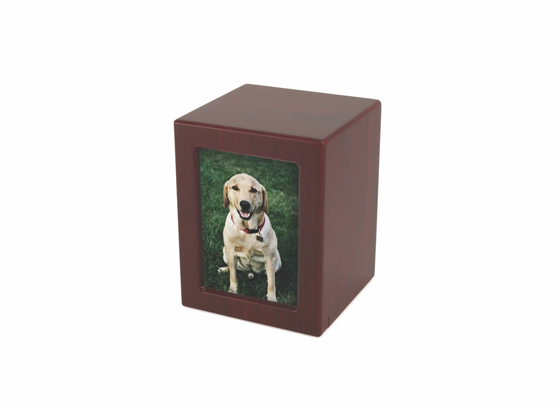Cherry photo urn for pets with a display slot for a photo, available from Faithful Companions.