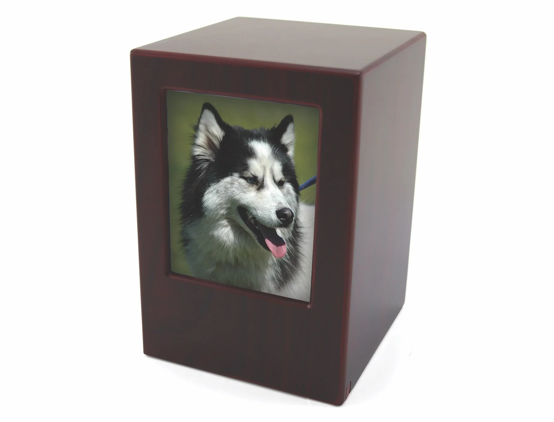 Cherry photo urn for pets with a display slot for a photo, available from Faithful Companions.