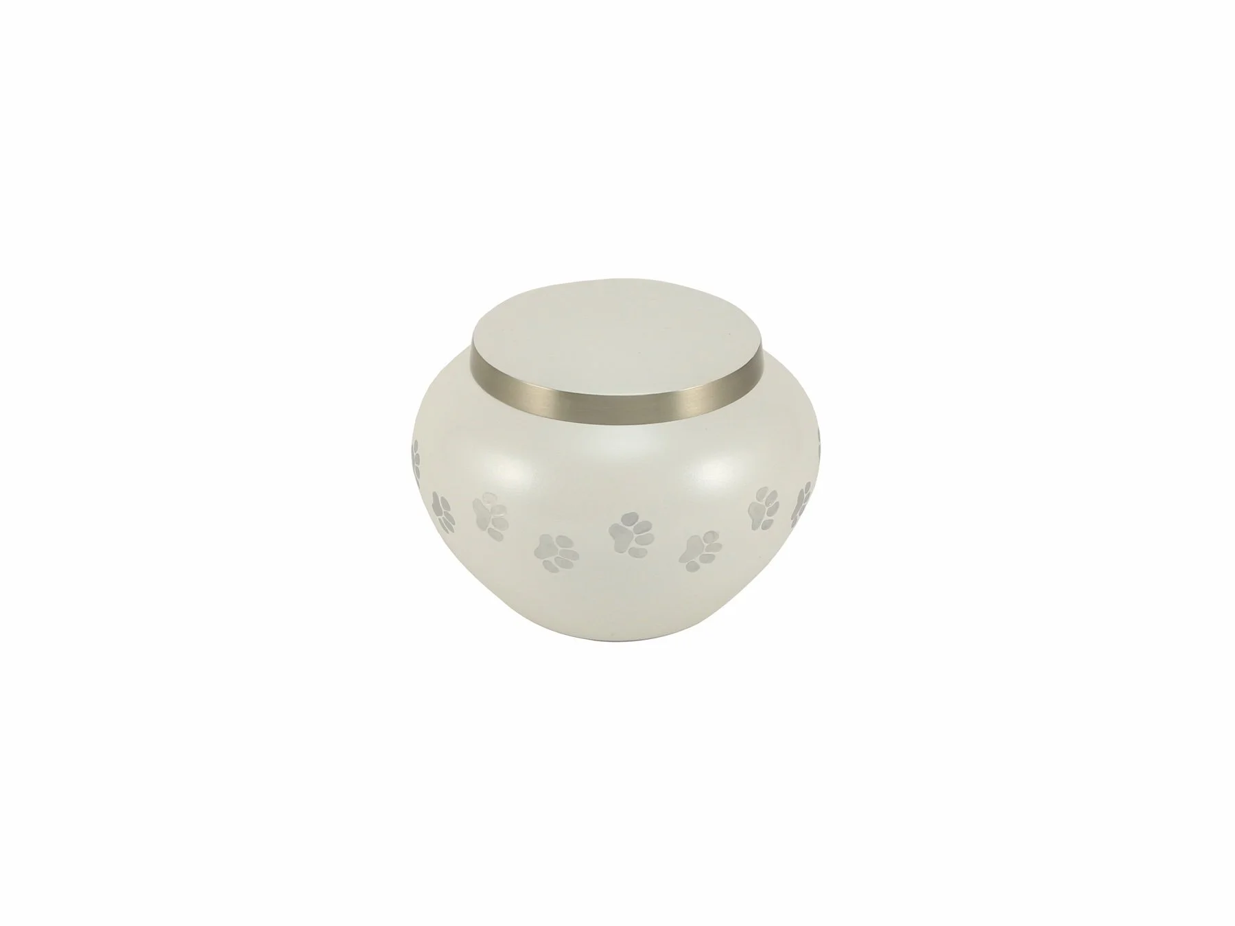 Pearl-finished brass pet urn with pewter paw prints, available in three sizes, with optional engraving.