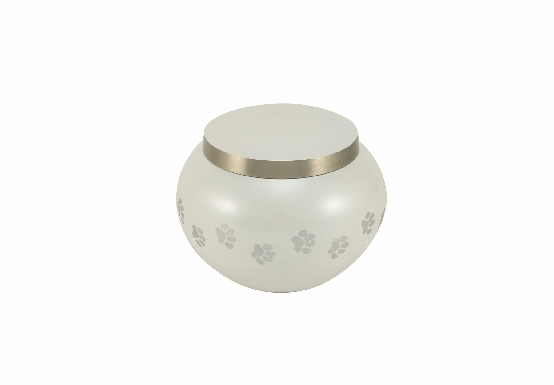Pearl-finished brass pet urn with pewter paw prints, available in three sizes, with optional engraving.