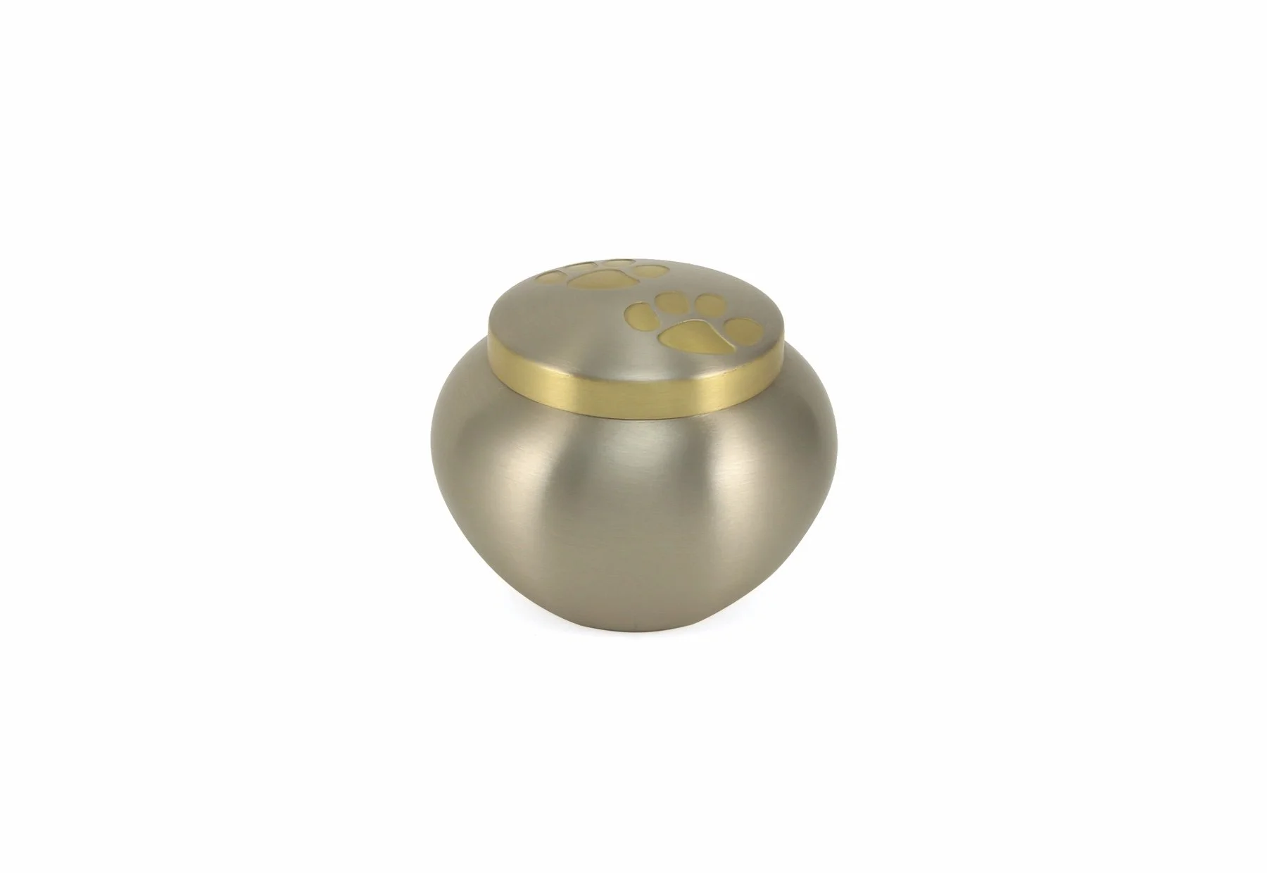 Pewter-finished brass pet urn with engraved paw prints and optional personalization.